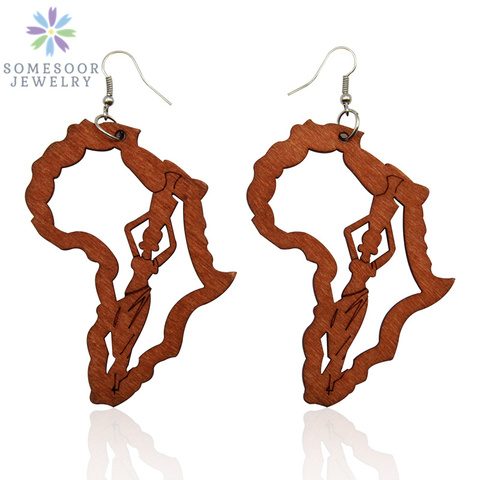 SOMESOOR Laser Engraved Afro Wooden Drop Earrings African Motherland Map Ethnic Tribal Pattern Handmade Jewelry For Black Women ► Photo 1/6