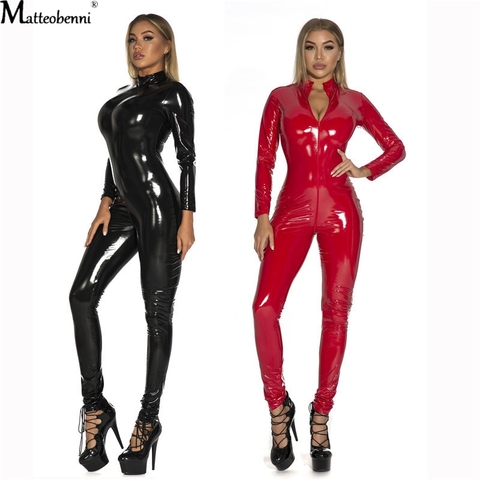 Women Sexy Faux Leather Catsuit PVC Latex Bodysuit Front Zipper Open Crotch Jumpsuits Stretch Bodystocking Erotic Club Costumes ► Photo 1/6