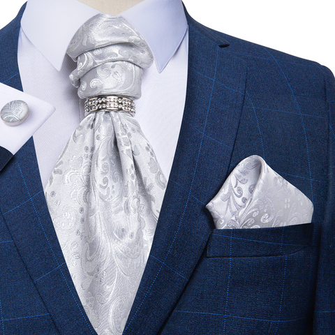 Men Luxury Silver Paisley Silk Ascot Tie Set Men Wedding Party Cravat Ties Handkerchief Cufflinks Necktie Ring Sets DiBanGu ► Photo 1/6