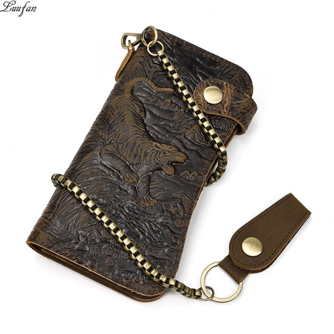 Men's genuine leather wallet chain Snap bifold purse crazy horse leather card case Phone card holder clutch tiger dragon wallet ► Photo 1/6