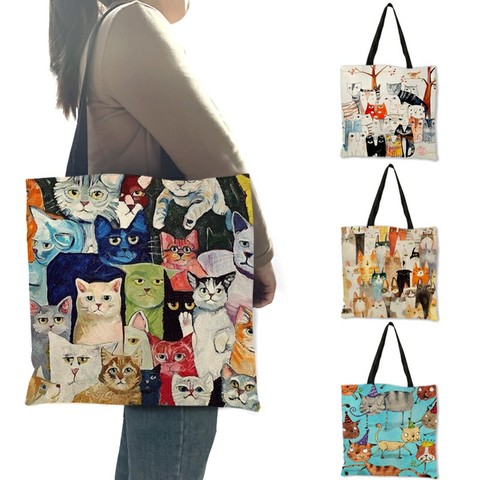Lovely Pattern Women Totes Cute Cartoon Cats Image Printed Handbag Eco Linen Fashion Traveling Practical Shoulder Bag Lady ► Photo 1/6