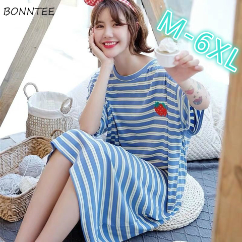 Nightgowns Women Striped Plus Size 6XL Loose Korean Leisure Oversize Womens Homewear Sleepshirts Sleep-wear Breathable Cotton ► Photo 1/6