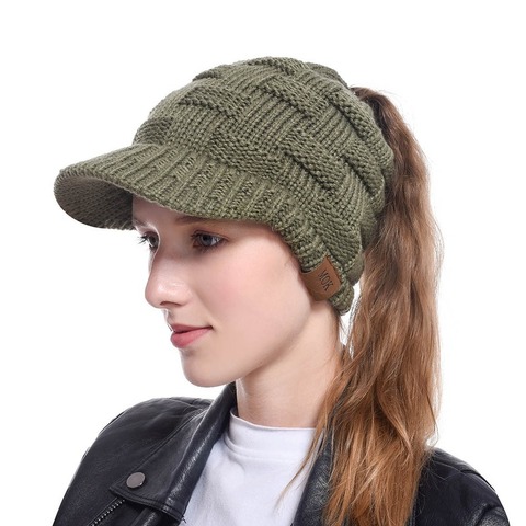 2022 Women Messy Bun Ponytail Knitted Beanie Hat Winter Warm Outdoor Sports Casual Soft Knitting Visor Cap Beanie Skullies Hat ► Photo 1/1