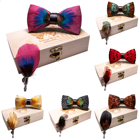 KAMBERFT 67 style New Design Natural Feather Bow tie Exquisite HandMade Mens BowTie Brooch Pin Wooden Gift Box Set for Wedding ► Photo 1/6
