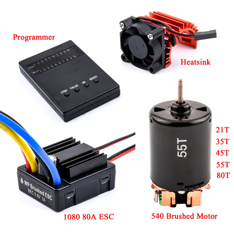 1080 80A Brush Brushed ESC Speed Controller Waterproof ESC + 540 Brushed Motor + 540 Cooling Fan + Programmer for 1/10 RC Car ► Photo 1/6