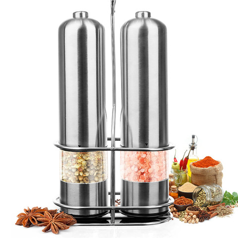 2pcs Electric Salt and Pepper Grinder Set with Metal Stand Automatic Stainless Steel Pepper Mill LED Light Spice Mill for Kitche ► Photo 1/6