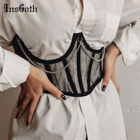 InsGoth Punk Metal Chain Black Corset Mall Goth High Waist Corsets Harajuku Vintage Mesh See Through Waist Shaper Women Corsets ► Photo 1/6