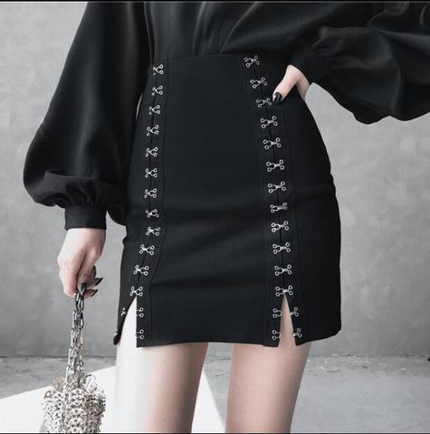 Harajuku Style Black High-waisted A-shaped Skirt Punk Fashion Women Sexy Breasted Elastic  Mini Skirt New ► Photo 1/6