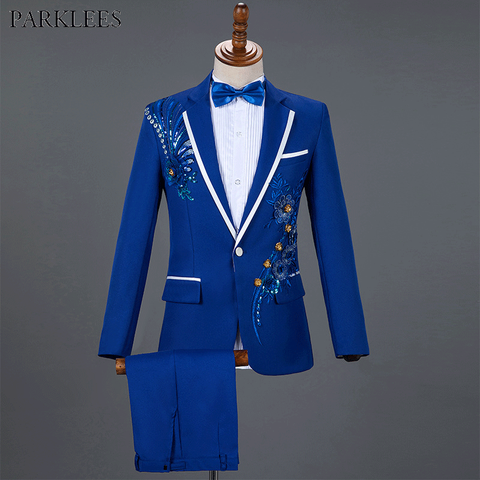 Royal Blue Sequin Embroidery Suit Men Wedding Groom Tuxedo Suits Pants Mens One Button Peak Lapel Stage Costume Traje Hombre 2XL ► Photo 1/6