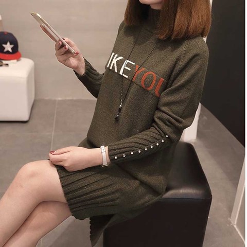 Autumn Winter Long Knit Sweater Pullover Women Half Turtleneck Long-sleeve Bead Loose Plus Size Thicken Jumper Sweaters Female ► Photo 1/6