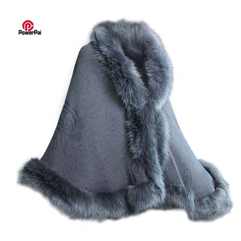 Fashion Elegant Fox Fur Cape Coat Women Winter Knit Cashmere Cloak Shawl Sexy Faux Fur Poncho Wraps Pashmina 12 Colors ► Photo 1/6