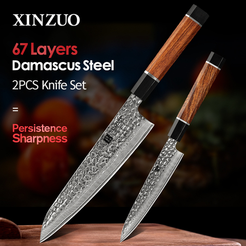 XINZUO 2PCS Kitchen Knife Set Damascus Steel VG10 Steel Knives Tools Utility Chef Knives Cutter Tools Desert Ironwood Handle ► Photo 1/6
