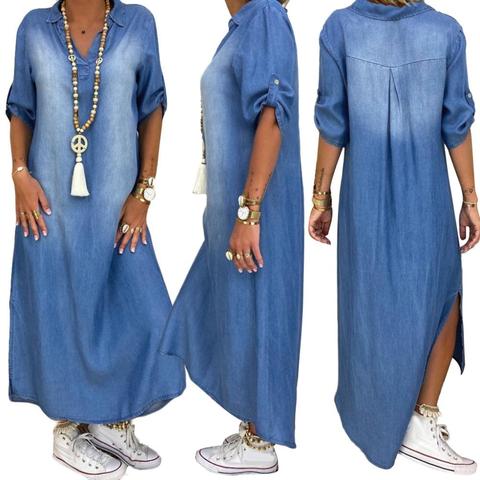 Women Plus size dress Vintage Summer V Neck Half Sleeve Side Slitting Hem Loose Long Denim Dress Hem Loose Long Denim Dress ► Photo 1/6