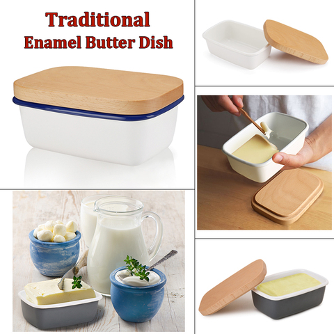 Enamel Butter Box Dish Fruit Preserve Storage Box New Butter Container With Wooden Lid Cover Kitchen Accessories ► Photo 1/6