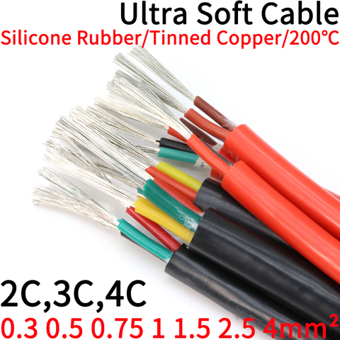Square 0.3 0.5 0.75 1 1.5 2 2.5 4mm Ultra Soft Silicone Rubber Cable 2 3 4 Cores Insulated Flexible Copper High Temperature Wire ► Photo 1/6