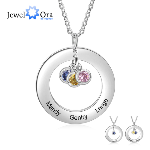 Personalized Stainless Steel Circle Necklace with 1-3 Birthstones Custom Name Engraved Round Pendant Necklace for Women /Mother ► Photo 1/6