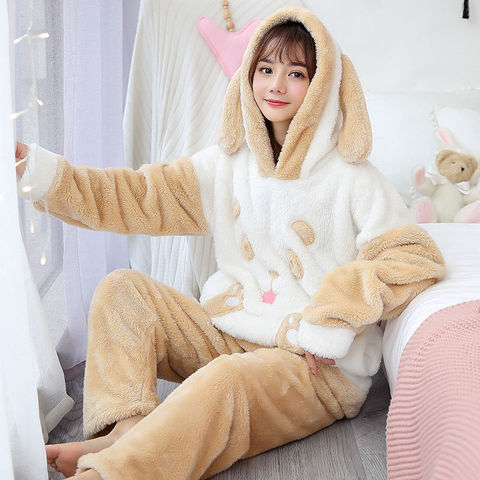 2 Pcs/lot Winter Pajamas Sets Women Sleepwear Warm Flannel Long Sleeves Coral Pijama Pink Thick Homewear Pyjama Sleepwear ► Photo 1/6