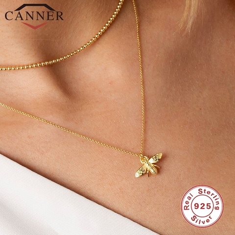 CANNER Real 925 Sterling Silver INS Insect Bee Necklace Round Choker Necklace For Women Clavicle Chain Fine Jewelry collares ► Photo 1/6