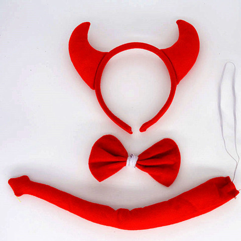 Black Red Women Boy Girl Devil Demon Horn Headwear Headband Tie Tail Set Cosplay halloween costume  Birthday Gift Christmas ► Photo 1/5