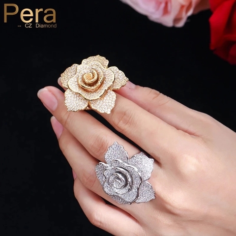 Pera New Style Famous Brand Jewelry Big Flower Shape Cubic Zirconia Yellow Gold Color Finger Rings For Women Evening Party R087 ► Photo 1/6