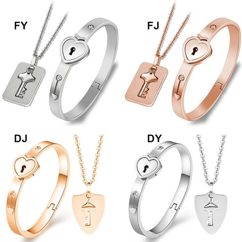 A Couple Lovers Jewelry Love Heart Lock Bracelet Stainless Steel Bracelets Bangles Key Pendant Necklace Jewelry Dropshipping ► Photo 1/6