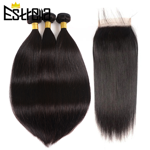 Straight Human Hair Bundles With Closure Natural Color Bundles with 4x4 Lace Closure Mongolian Remy Three Part Hand Tied Estrell ► Photo 1/6