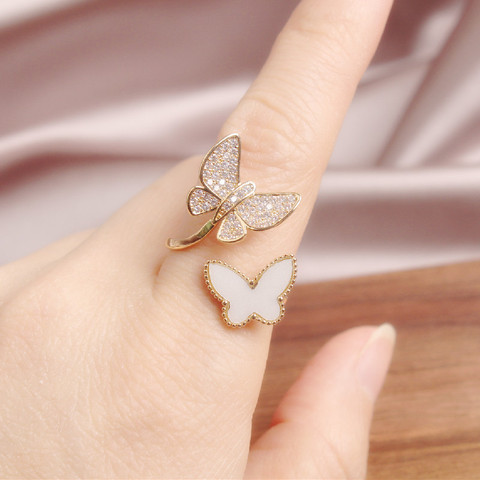 Korean new fashion jewelry copper inlaid zircon light luxury opening delicate flexible two butterfly shells elegant female ring ► Photo 1/6