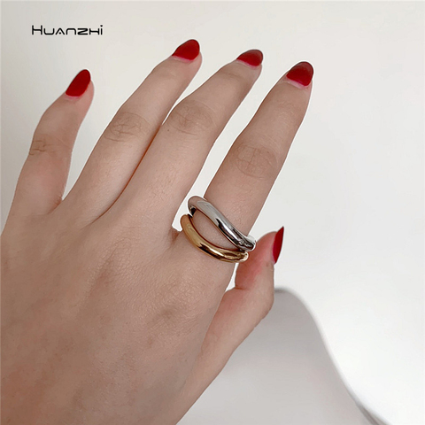 HUANZHI 2022 New Elegant Vintage Metallic Glossy Wavy Curve Irregular Profile Ring  For Women Girls Party Jewelry Gifts ► Photo 1/6