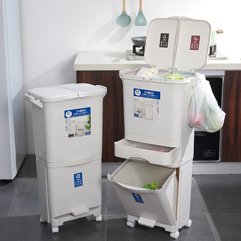 Garbage Classification 45L/48L 3 Layers Plastic Trash Bin Home Kitchen Garbage Classification Can with Wheels Garbage Storage ► Photo 1/6