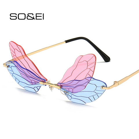 SO&EI Fashion Rimless Dragonfly Wing Sunglasses Women Vintage Clear Ocean Lens Eyewear Men Pink Yellow Sun Glasses Shades UV400 ► Photo 1/6