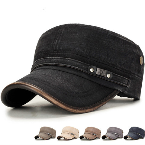 Classic Vintage Washed cotton Military Caps Flat Top Mens Adjustable Fitted Thicker Cap Winter Warm Hat sunshade ear caps ► Photo 1/5