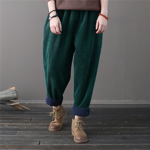 Johnature Corduroy Vintage Pants Solid Color Elastic Waist Trouser 2022 Winter New Thick Warm Pockets Fleece Women Harem Pants ► Photo 1/6