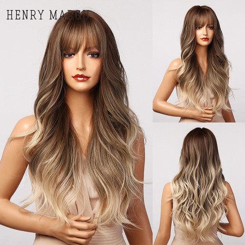HENRY MARGU Brown White Ash Gray Blonde Ombre Synthetic Wigs for Black Women Afro Long Wavy Wig with Bangs Lolita Cosplay Wigs ► Photo 1/6