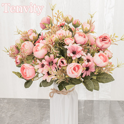 Silk Rose Pink Artificial Flowers Bouquet High Quality Plastic Accessories Home Living Room Wedding Table Decoration Fake Flower ► Photo 1/6