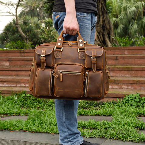 Men's Vintage crazy horse genuine Leather briefcase 15.6