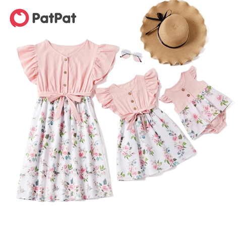 PatPat 2022 New Summer Mosaic Mommy and Me Floral Bowknot Flutter-sleeve Dress Romper for Mom - Girl - Baby ► Photo 1/6