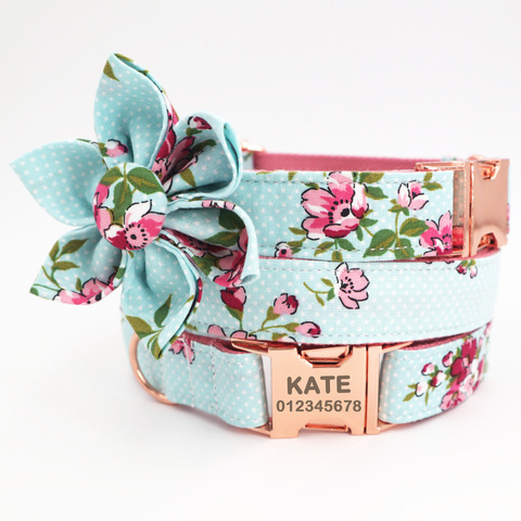 blue floral girl dog collar dog flower and leash set for pet dog cat with rose gold metal buckle ► Photo 1/6