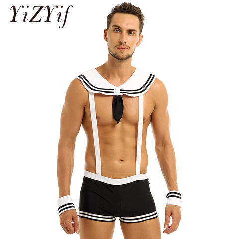 Mens Male sexy Sailor costumes Navy Cosplay Costume Role PlayUnderwear Sets Elastic Suspenders Boxer Briefs with Collar Cuffs ► Photo 1/6