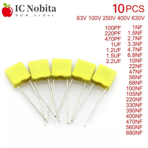 63V 100V 250V 400V 630V Polypropylene Safety Plastic Film 1NF~680NF 10NF 22NF 47NF 100NF 220NF 1.2UF 100PF Correction Capacitor ► Photo 1/5