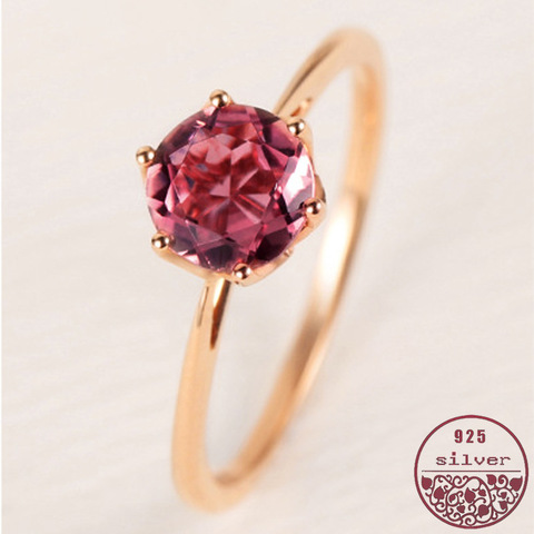 925 sterling silver Rose gold single diamond inlaid round candy light luxury six-claw elegant  pomegranate ruby women's ring ► Photo 1/6