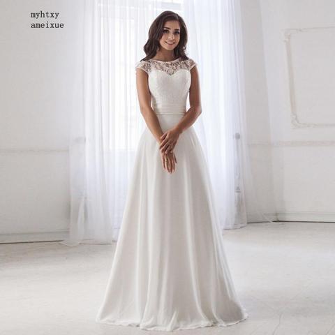 Cheap Scoop Neck Lace Plus Siz Boho Wedding Dress 2022 Sleeveless Pleats Belt Chiffon Beach Dresses Robe De Soiree Simple Bridal ► Photo 1/6