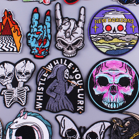 Skull Embroidered Patches For Clothing Iron On Punk Embroidery Patches For Clothes Applique For T-shirt Jean Badges Stripe Patch ► Photo 1/1