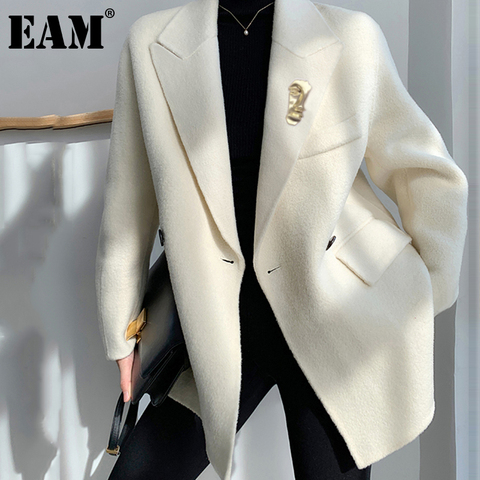 [EAM] Loose Fit White Brief Temperament Woolen Coat Parkas New Long Sleeve Women Fashion Tide Autumn Winter 2022 1DD3859 ► Photo 1/6