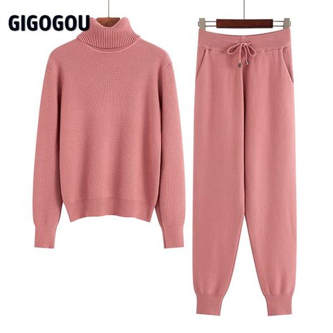 GIGOGOU Two Piece Set Women Knit Sport Suits Thick Warm Turtleneck Women Sweater + Drawstring Harem Pants Winter Jogging Outfits ► Photo 1/6