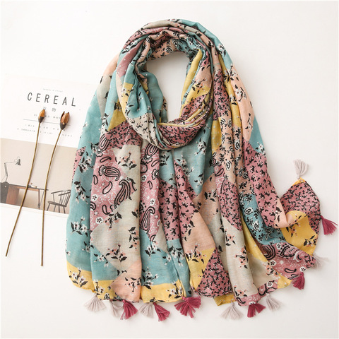 Women Fashion Bohemian Polka Floral Tassel Viscose Shawl Lady High Quality Print Wrap Pashmina Stole Bufandas Muslim Hijab Snood ► Photo 1/6