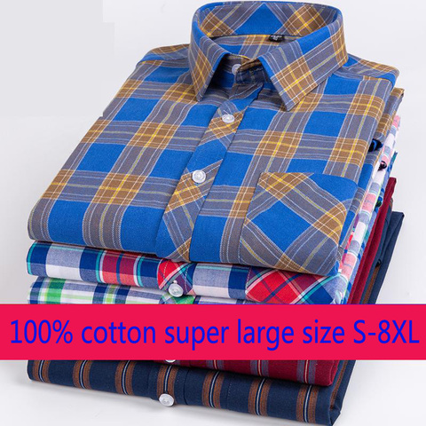 New Arrival Super Large Fashion 100% Pure Cotton Plaid Long Sleeve Summer Thin Loose Casual Shirts Men Shirt Plus Size S-7XL 8XL ► Photo 1/6