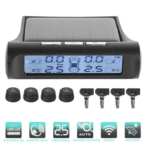 Solar Power Car TPMS Automobiles Tyre Tire Pressure Monitoring System with 4 External Internal Sensor ► Photo 1/6