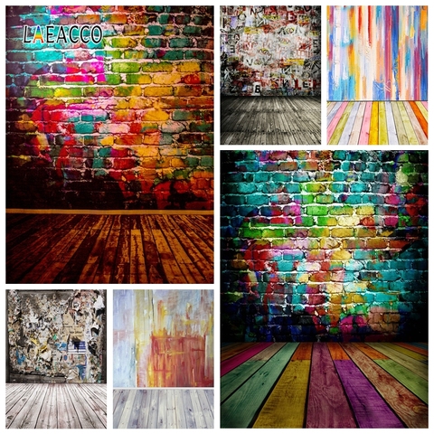Laeacco Colorful Brick Wall Wooden Floor Photography Backdrops Graffiti Grunge Vintage Portrait Photo Backgrounds Photophone ► Photo 1/6