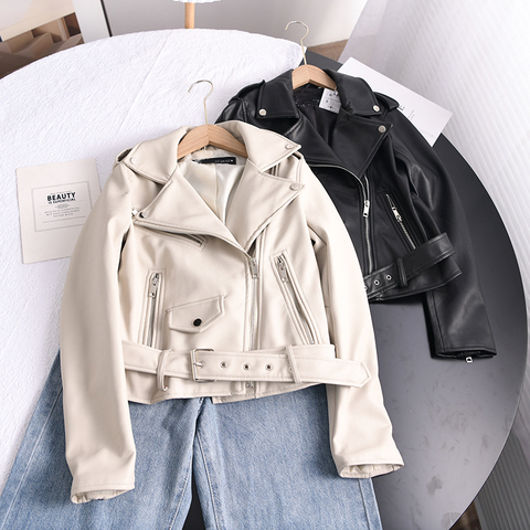 Ailegogo 2022 Spring Autumn Soft Faux Leather Short Jacket with Belt Women Lapel Pu Leather Coat Black Zipper Moto Biker Outwear ► Photo 1/6