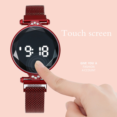 2022 Women Watches Fashion White Numbers Touch Screen Led Digital Watches Mesh Band Magnetic Buckle Electronic Watch Reloj Mujer ► Photo 1/6